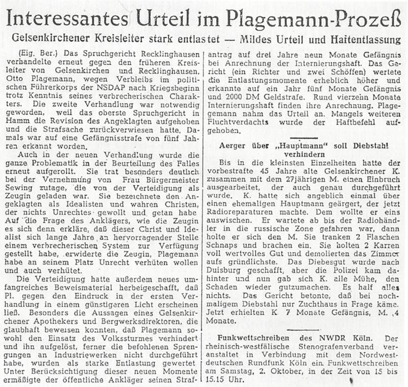 NSDAP-Kreisleiter Otto Plagemann - Interessantes Urteil im Plagemann-Prozess