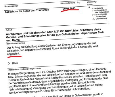 Gelsenkirchen: Der Antrag auf Schaffung eines Gedenkortes wird abgelehnt 