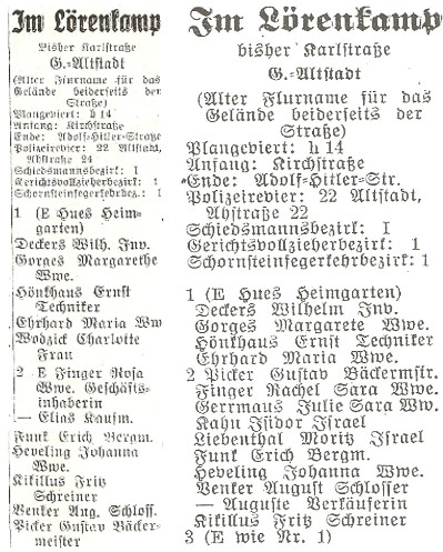 Einträge im Adressbuch Gelsenkirchen, links 1934, rechts 1939