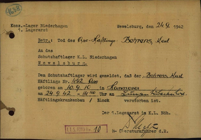 Arolsen Archives, 3664917, Todesmitteilung Karl Behrens 