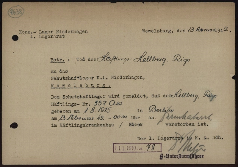 Arolsen Archives, 3668177, KZ Niedernhagen, Todesmitteilung Rigo Hellberg 