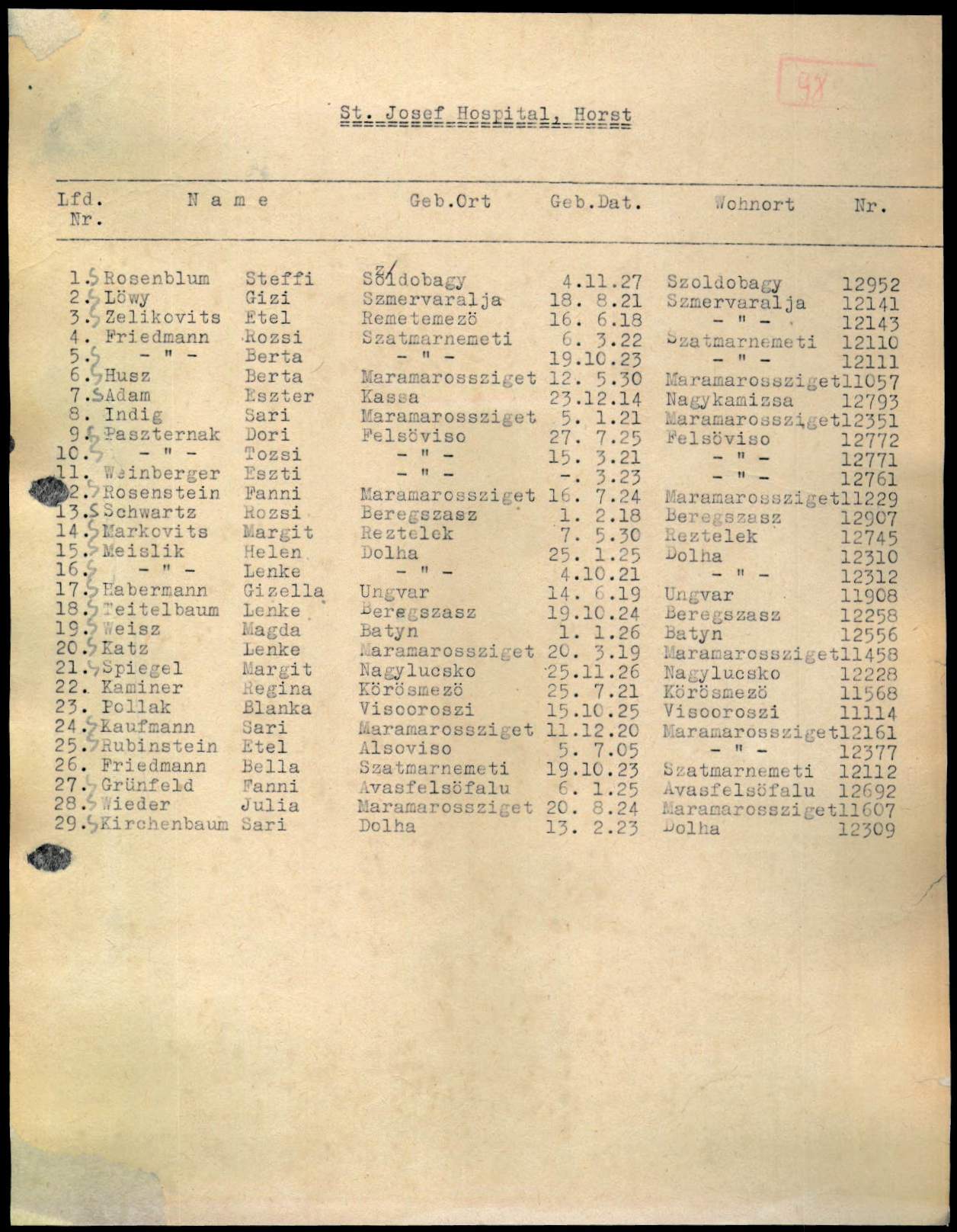 Namensliste der durch Bombeneinwirkung am 11.9.1944 verletzten Frauen d. SS-Arbeitsmommando K.L. Buchenwald bei Gelsenberg Benzin A.G. in Gelsenkirchen-Horst, Liste St. Josef Hospital Horst