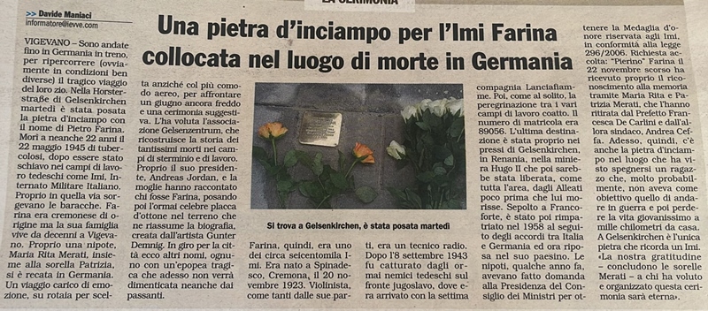 Stolperstein Pietro Farina (IMI) - Zeitungsartikel in Italien 