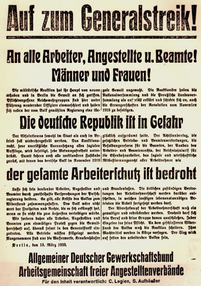 Aufruf zum Generalstreik vom 13. März 1920 durch den Allgemeinen Deutschen Gewerkschaftsbund und die Arbeitsgemeinschaft freier Angestelltenverbände