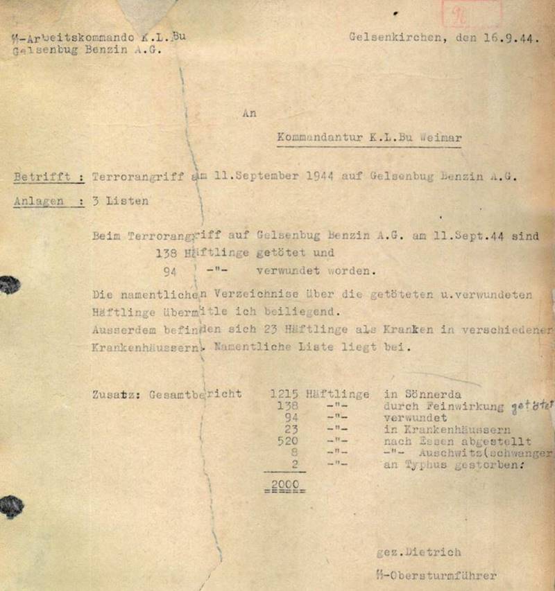 Bericht und Stärkemeldung vom 16.9.1944 des Lagerleiters  SS-Obersturmführer Dietrich, SS-Arbeitsmommando K.L. Buchenwald bei Gelsenberg Benzin A.G. in Gelsenkirchen-Horst.