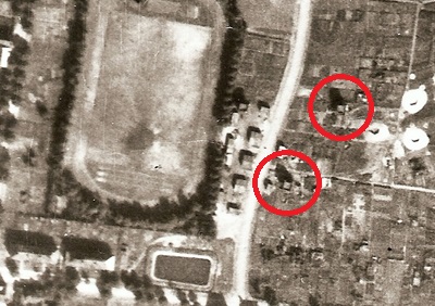 Ausschnitt aus einem Befliegungsfoto der Alliierten, Bereich Gelsenkirchen-Horst, September 1944. Neben dem Fuerstenbergstadion liegt beschriebene Flakstellung, in den Markierungen sind mittig die hoelzernen Flaktuerme zu erkennen.