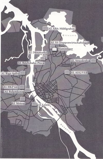 Au�enlagerstandorte innerhalb Rigas. Grafik: 
Franziska Jahn; Das KZ Riga-Kaiserwald und seine Au�enlager 1943�1944. Strukturen und Entwicklungen