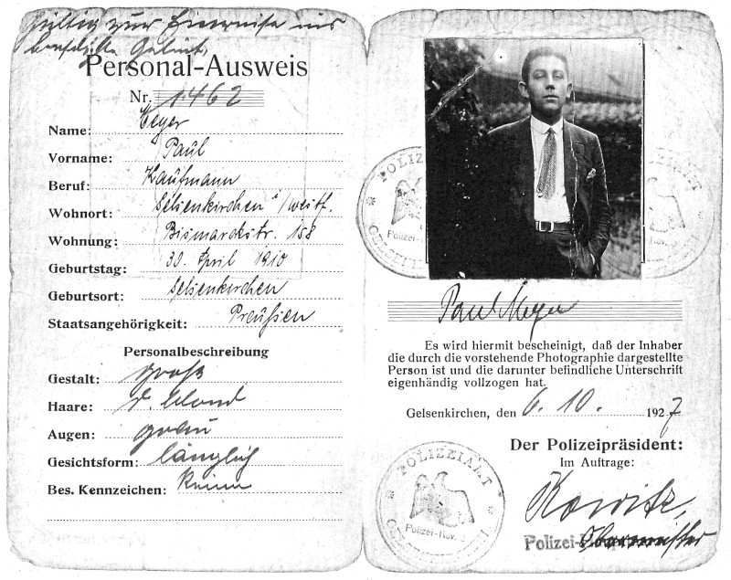 Personal-Ausweis von Paul Meyer, ausgestellt am 6. Oktober 1927 vom Polizeiamt Gelsenkirchen 
