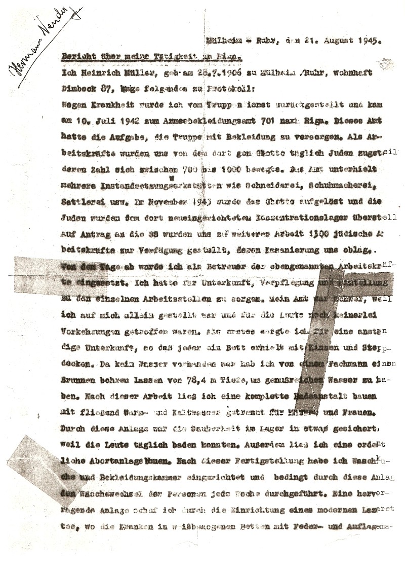 Bericht des Heinrich Mueller, Lagerkommandant des Arbeitslagers juedischer Haeftlinge, A.B.A. 701 in Riga/Mhlgraben