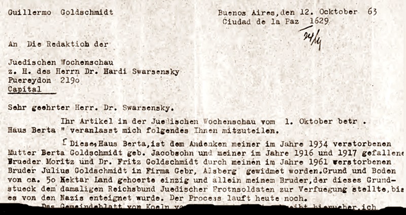 Auszug aus einem Brief von Guillermo Goldschmidt an die Jdische Wochenschau, 1963