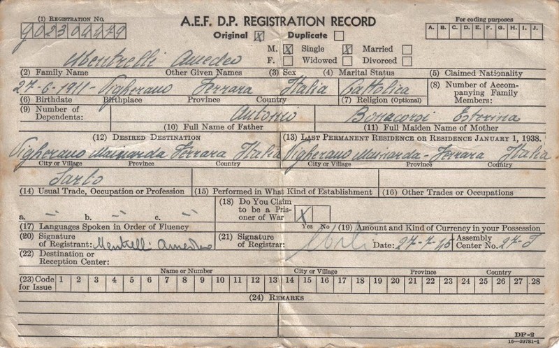 Foto 23: A.E.F.     D.P. Registration Record Amedeo Mentrelli vom 27. Juli 1945 