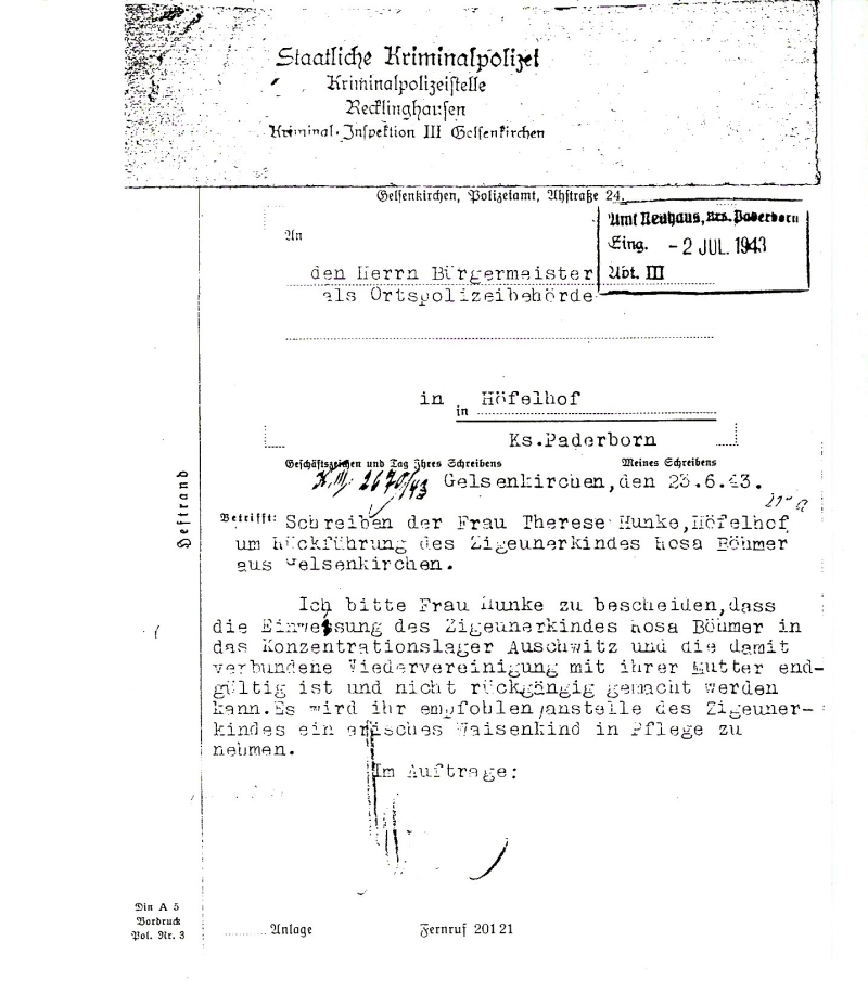 Schreiben der Staatlichen Kriminalpolizei, Kriminalinspektion III Gelsenkirchen vom 23. Juni 1943