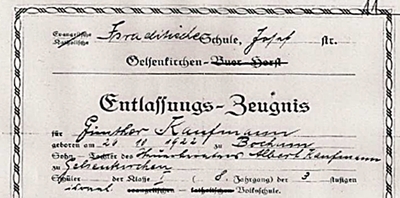Abb. 3: Entlassungszeugnis 1937 der Israelitischen Schule Josefstrasse für Günther Kaufmann. Zum Vergrößern anklicken.