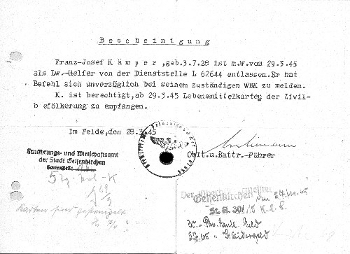 Abb.: Bescheinigung über die Entlassung des Luftwaffenhelfers FJ