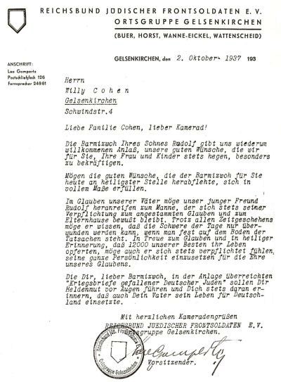 Bild: Brief des RjF (Leo Gompertz) an Willy Cohen, Gelsenkirchen