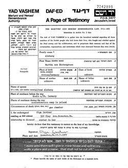 Gedenkblatt in Yad Vashem fr Martha Alsberg
