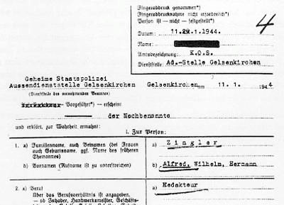 Dokument: Geheime Staatspolizei, Außendienststelle Gelsenkirchen. (Damals in der Munckelstraße) Vernehmungsbogen von Alfred Zingler