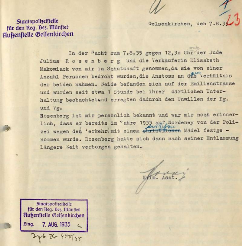 Gelsenkirchen, 7. August 1935: Julius Rosenberg und Elisabeth Makowiak werden von Goray in so genannte 