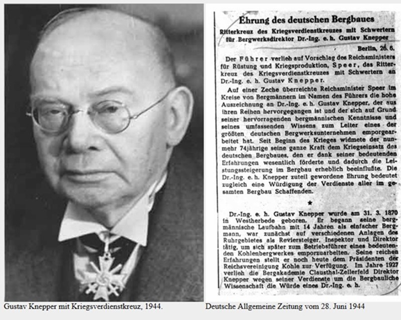 Aus der Hand von Albert Speer, Reichsminister für Rüstung und Kriegproduktion erhielt Knepper 'im Namen des Führers' im Juni 1944 das 'Ritterkreuz des Kriegsverdienstordens mit Schwertern' 
