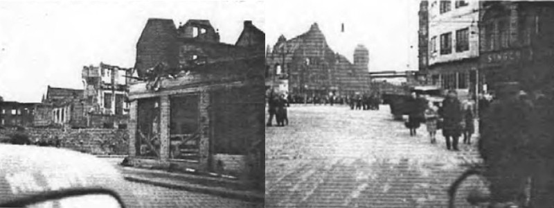 Photos taken by Albert Gompertz while visiting Gelsenkirchen as U.S. Soldier in October 1945. Isacsons house and business bombed out. Right: View of Main Railroad Station from Bahnhofstrasse