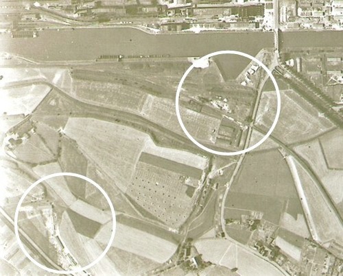 Unterhalb des Hafens Hibernia (Zeche Wilhelmine-Victoria) befand sich das 'Lager am Kanal', unten links das Zwangsarbeiterlager Sandbergstrasse/Am Sandberg