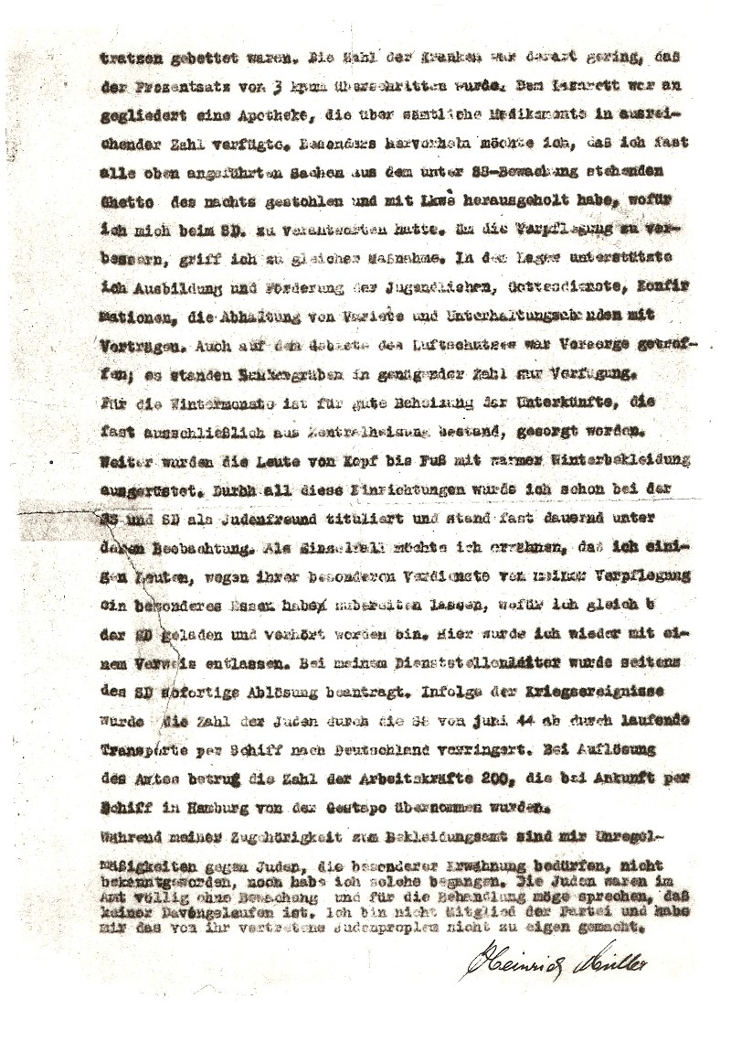 Bericht des Heinrich Mueller, Lagerkommandant des Arbeitslagers juedischer Haeftlinge, A.B.A. 701 in Riga/Mhlgraben