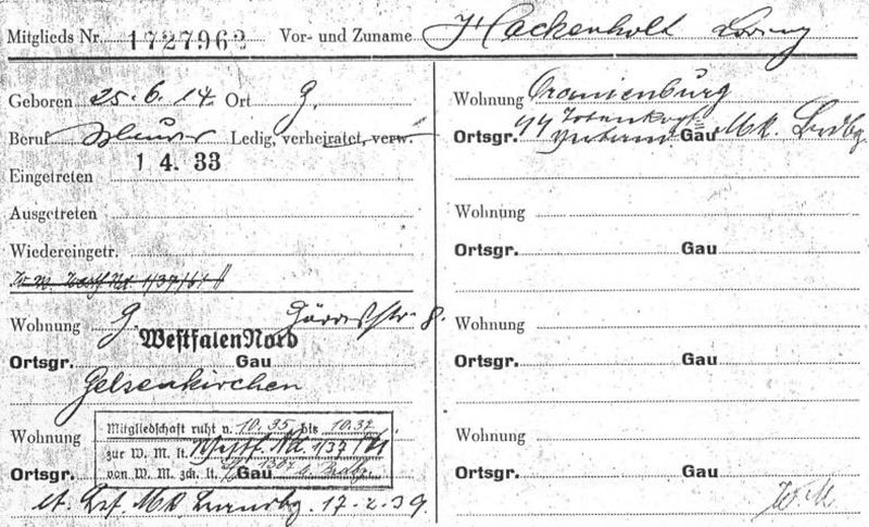NSDAP-Karteikarte von Lorenz Hackenholt