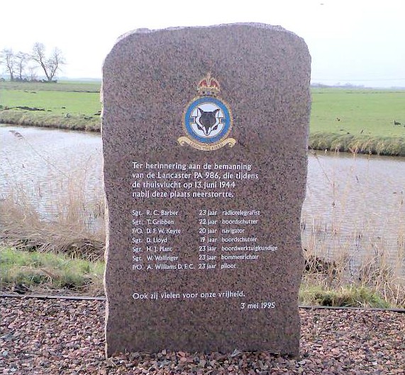 Memorial for the Crew of PA986 - Mastenbroeken polder, NL. Taken May 3, 1995. Photo courtesy Hans van't Noordende
