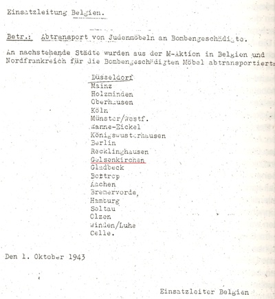 Auch in Gelsenkirchen erhielten Vols- und Parteigenossen aus Belgien und Nordfrankreich geraubtes Wohnungsinventar aus jdischem Eigentum