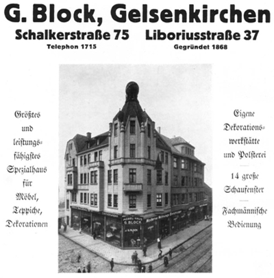 Der 1905 errichtete Neubau des Mbelhaus Block an der Schalkerstrasse, Ecke Liboriusstrasse in Gelsenkirchen, um 1927