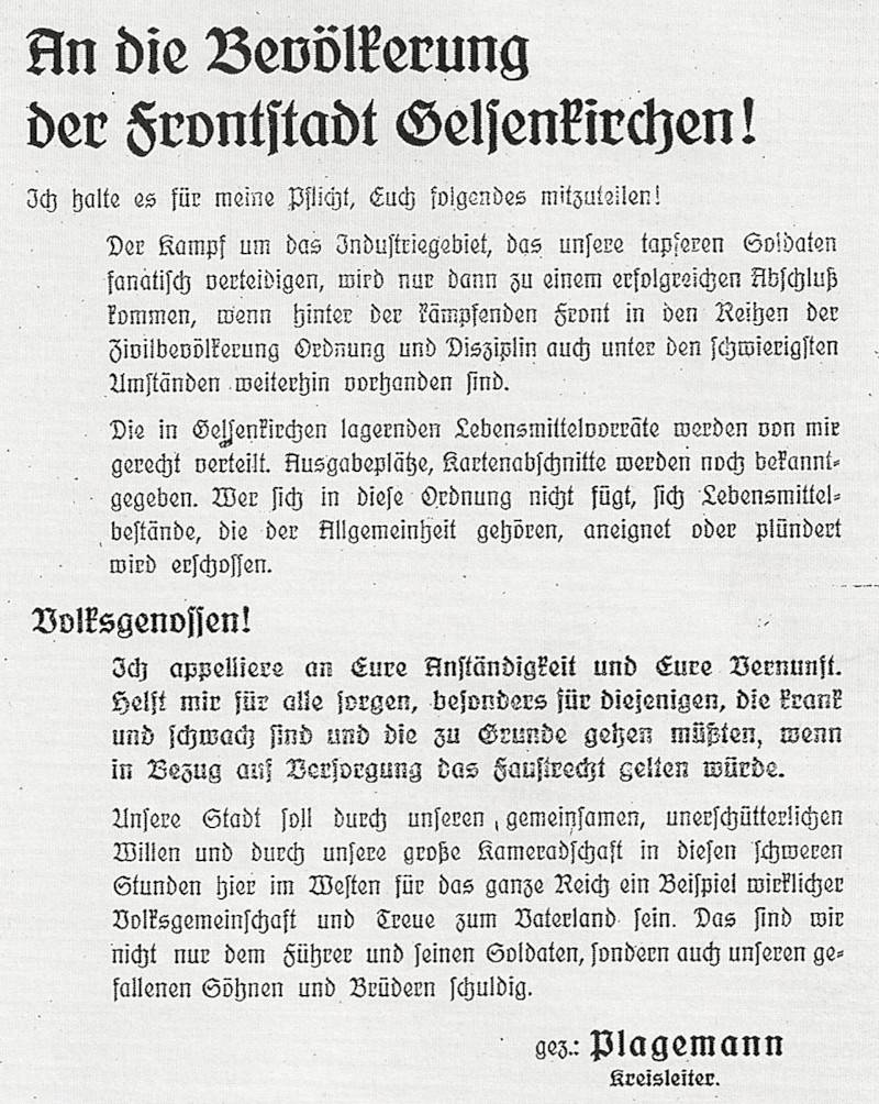NSDAP-Kreisleiter Otto Plagemann - Durchhalteappell an die Gelsenkirchener Bevölkerung Aufruf vom 7. April 1945
