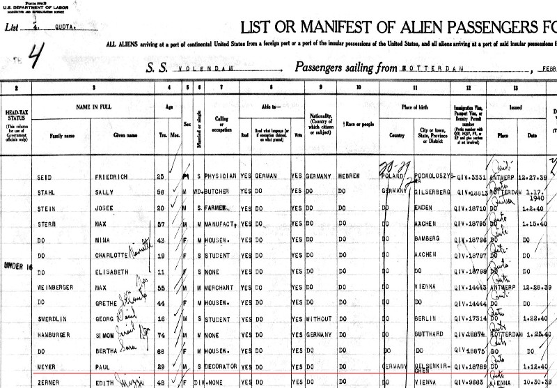 The page in the ship's manifest showing Paul Meyer's arrival in the US