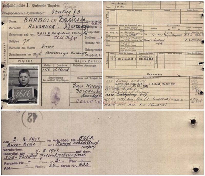 Peronalkarte Alexandr Barbolin, Zwangsarbeitender Russe, zuletzt im Arbeitskommando 561R, Buer-Resse,Ewald 3/4, gestorben am 2. August 1944, Kompl. Schdelbruch (Unfall) 