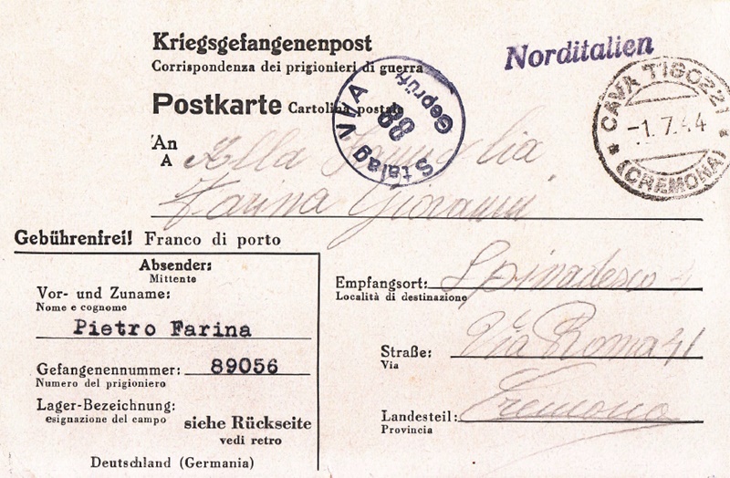 Pietro Farina schickt eine Postkarte in die Heimat, Datum 11. Juni 1944