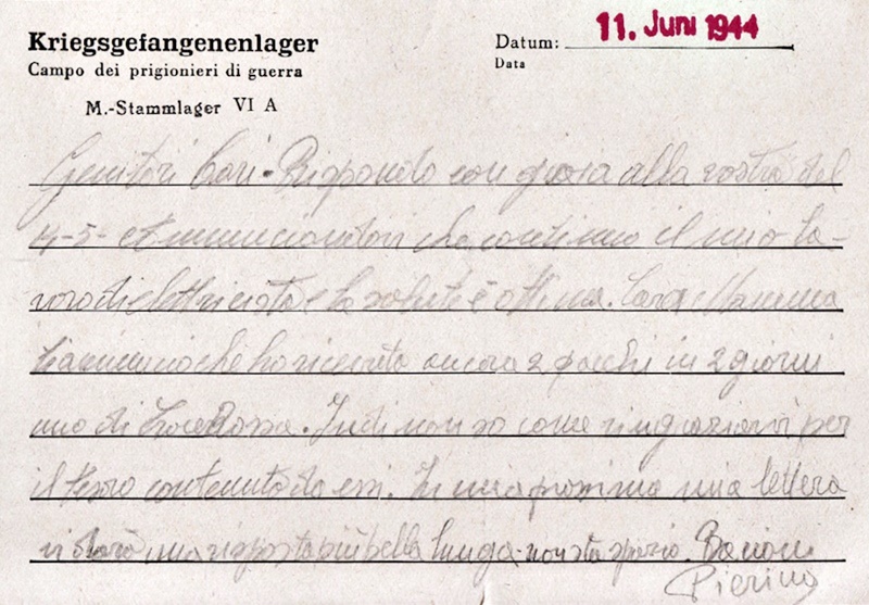 Pietro Farina schickt eine Postkarte in die Heimat, Datum 11. Juni 1944