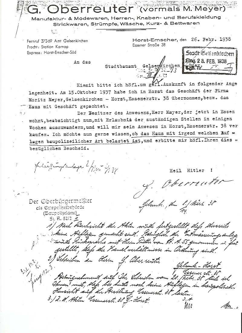 Anfrage der Gertrud Oberreuter an das Baupolizeiamt vom 26. Februar 1938 