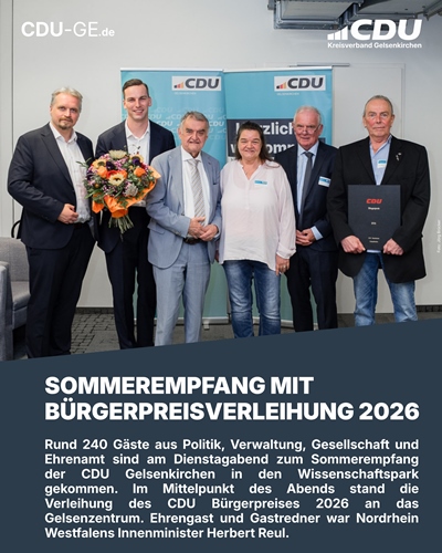 Der gemeinn�tzige Verein GELSENZENTRUM e.V. wurde im August 2026 mit dem 35. CDU-B�rgerpreis der CDU Gelsenkirchen ausgezeichnet