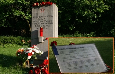 Der Gedenkstein auf dem Friedhof in Gelsenkirchen-Horst-Süd erinnert an 884 dort bestattete russische Zwangsarbeiter. Zum Vergrößern KLICK!