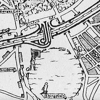  Abb.: Das geplante Thingtheater schaffte es bereits in die Stadtkarten, hier ein in den 30er Jahren gezeichneten Karte (Ausschnitt) von Andreas Wilhelm Ballin.
