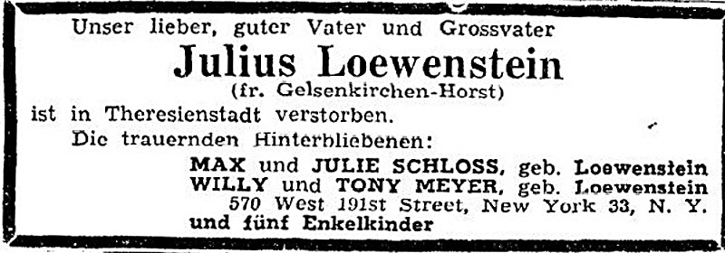 Todesanzeige für Julius Loewenstein