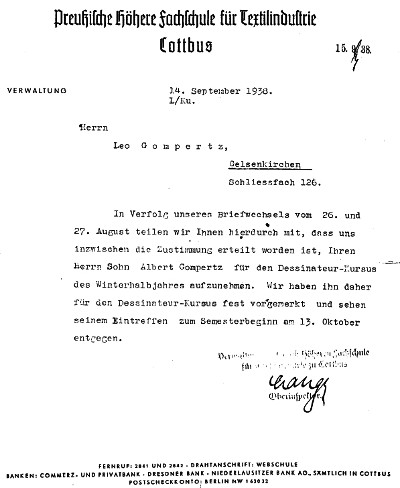 Letter of acceptance at the Cottbus Textile College for the semester starting in September 1938