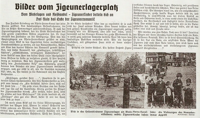 Zeitungsbericht von 1937 über den Zigeuneragerplatz Cranger Straße in Gelsenkirchen