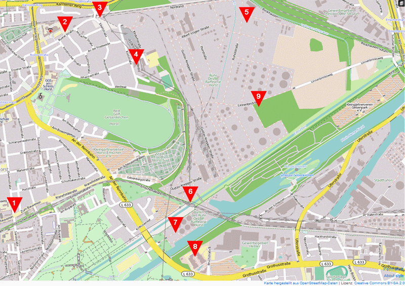 Standorte der Lager und Gebäudeunterkünfte in Gelsenkirchen für SklavenarbeiterInnen der Gelsenberg Benzin AG  (1940-1945)